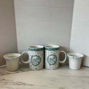 Ceramic Tea Cup Mug With Insert Infuser Teal White Floral 11 Oz. Set of Two
